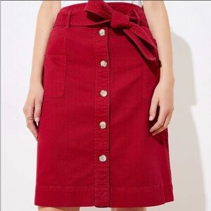 LOFT Red Denim Button Midi Skirt